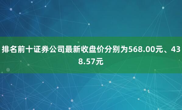 排名前十证券公司最新收盘价分别为568.00元、438.57元